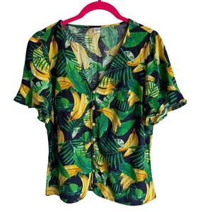 OLD NAVY Banana Print Ladies Button Front Flared Sleeve Blouse, M